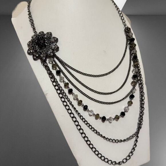 4 for $20 SALE- Flapper Style Gunmetal Layered Rhinestone Brooch Necklace - Picture 3 of 7